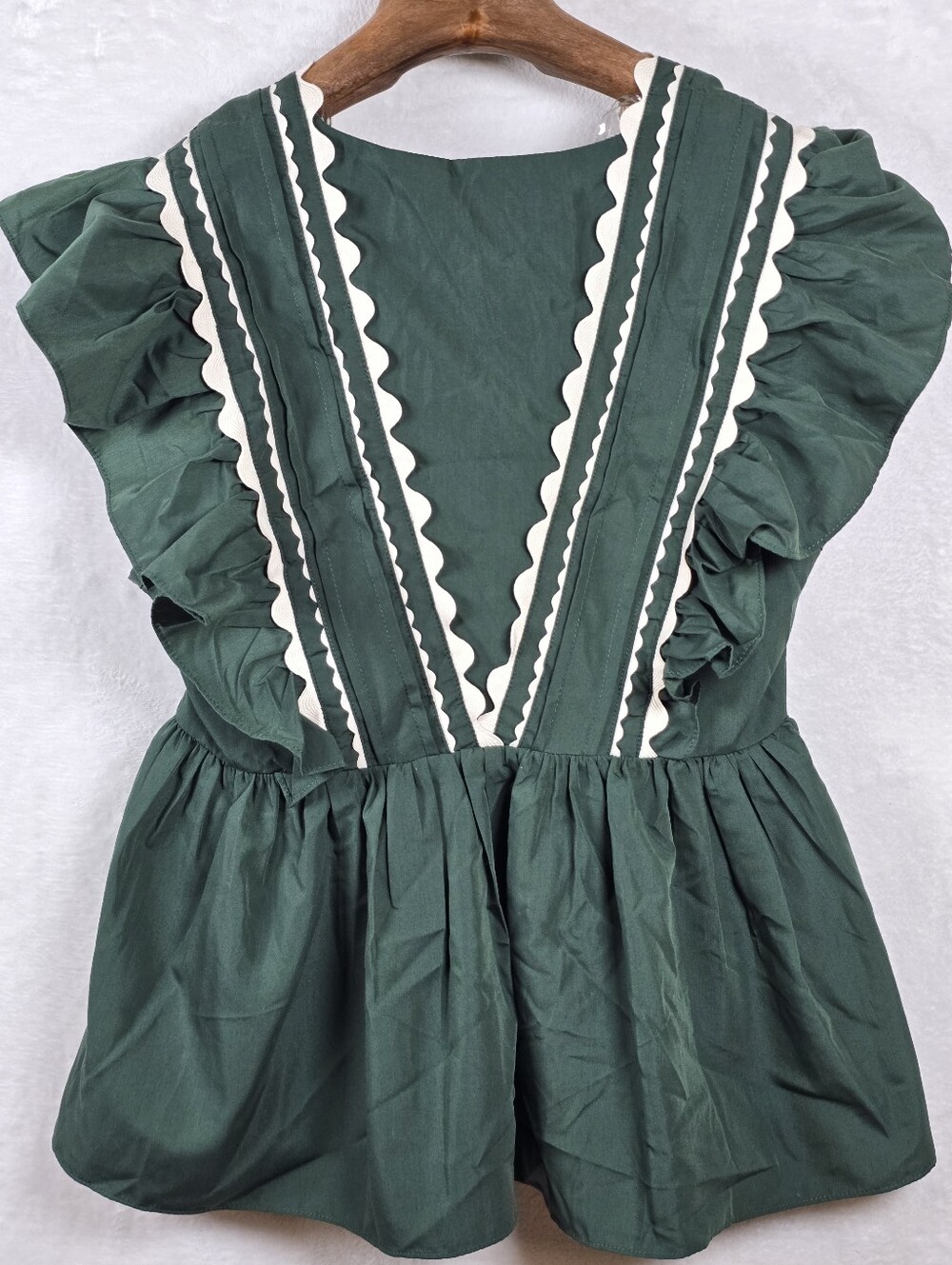 Entro Green Ric Rac Ruffle V Neck Babydoll Blouse Top Sz.S Pemplum Cottagecore - Picture 7 of 13
